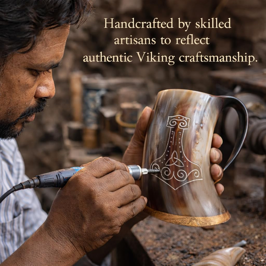 Genuine Viking Drinking Horn Mug | Authentic Medieval Beer Horn Tankard | 24Oz Capacity Horn Cup/Stein | Burlap Gift Sack Included. (Thor Mug & Brass Hammer Opener)