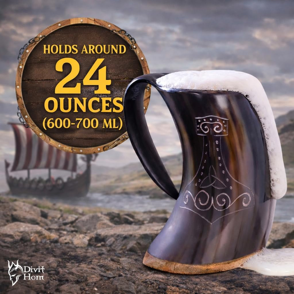 Genuine Viking Drinking Horn Mug | Authentic Medieval Beer Horn Tankard | 24Oz Capacity Horn Cup/Stein | Burlap Gift Sack Included. (Thor Mug & Brass Hammer Opener)