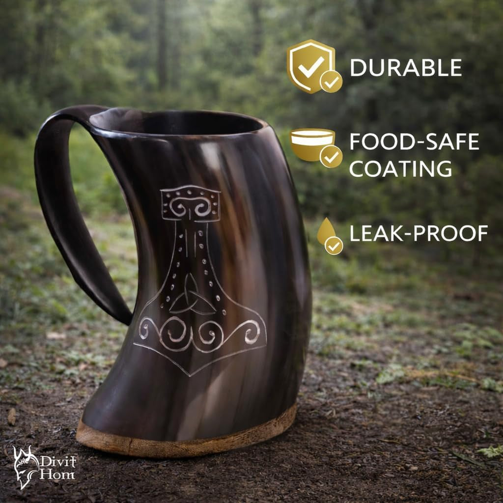 Genuine Viking Drinking Horn Mug | Authentic Medieval Beer Horn Tankard | 24Oz Capacity Horn Cup/Stein | Burlap Gift Sack Included. (Thor Mug & Brass Hammer Opener)