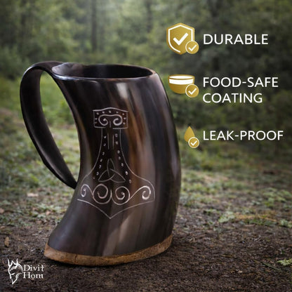 Genuine Viking Drinking Horn Mug | Authentic Medieval Beer Horn Tankard | 24Oz Capacity Horn Cup/Stein | Burlap Gift Sack Included. (Thor Mug & Brass Hammer Opener)